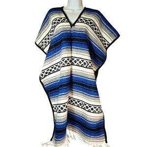 Traditional Mexican Blanket Poncho Finished Edges White Tassel Fringe OSFM